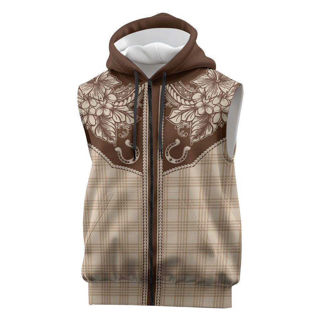 Hawai'i Paniolo Motif Leather Brown Sleeveless Zip Hoodie Floral Palaka Print LT7 Brown - Polynesian Pride
