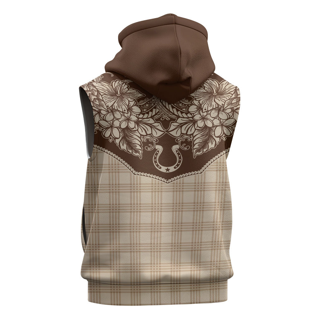 Hawai'i Paniolo Motif Leather Brown Sleeveless Zip Hoodie Floral Palaka Print LT7 - Polynesian Pride