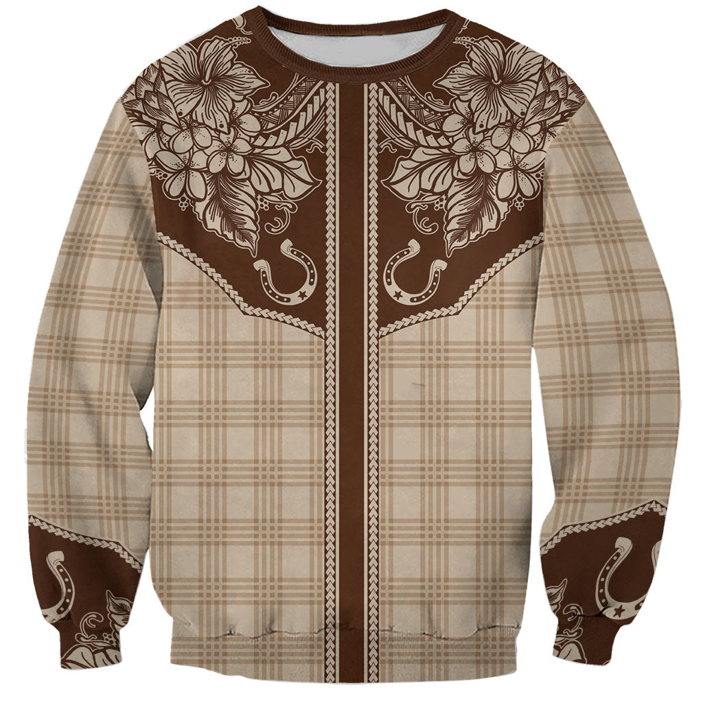 Hawai'i Paniolo Motif Leather Brown Sweatshirt Floral Palaka Print