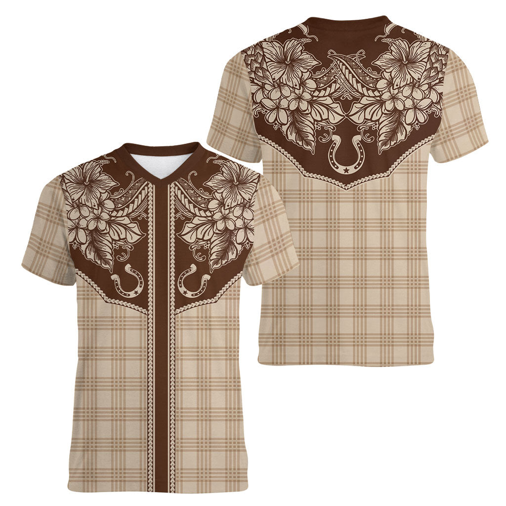 Hawai'i Paniolo Motif Leather Brown Women V-Neck T-Shirt Floral Palaka Print LT7 - Polynesian Pride