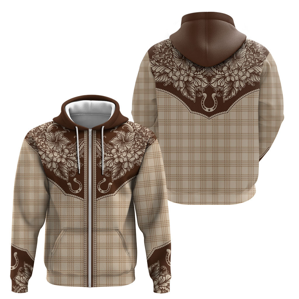 Hawai'i Paniolo Motif Leather Brown Zip Hoodie Floral Palaka Print LT7 - Polynesian Pride