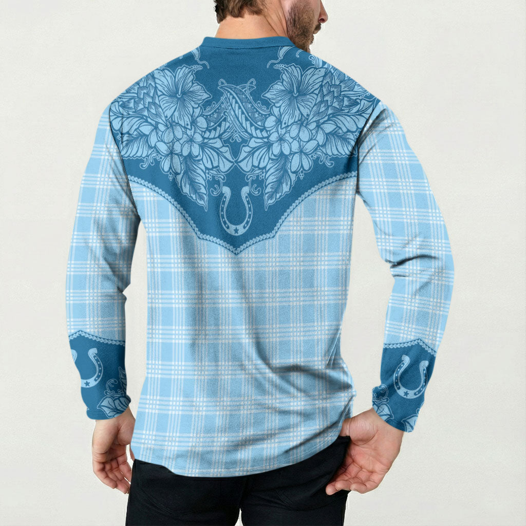 Hawai'i Paniolo Motif Deep Blue Button Sweatshirt Floral Palaka Print LT7 - Polynesian Pride