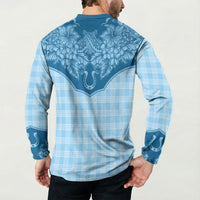 Hawai'i Paniolo Motif Deep Blue Button Sweatshirt Floral Palaka Print LT7 - Polynesian Pride