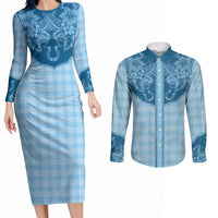 Hawai'i Paniolo Motif Deep Blue Couples Matching Long Sleeve Bodycon Dress and Long Sleeve Button Shirt Floral Palaka Print LT7 Navy Blue - Polynesian Pride