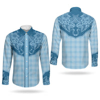 Hawai'i Paniolo Motif Deep Blue Couples Matching Off Shoulder Short Dress and Long Sleeve Button Shirt Floral Palaka Print LT7 - Polynesian Pride