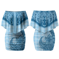 Hawai'i Paniolo Motif Deep Blue Couples Matching Off Shoulder Short Dress and Long Sleeve Button Shirt Floral Palaka Print LT7 - Polynesian Pride