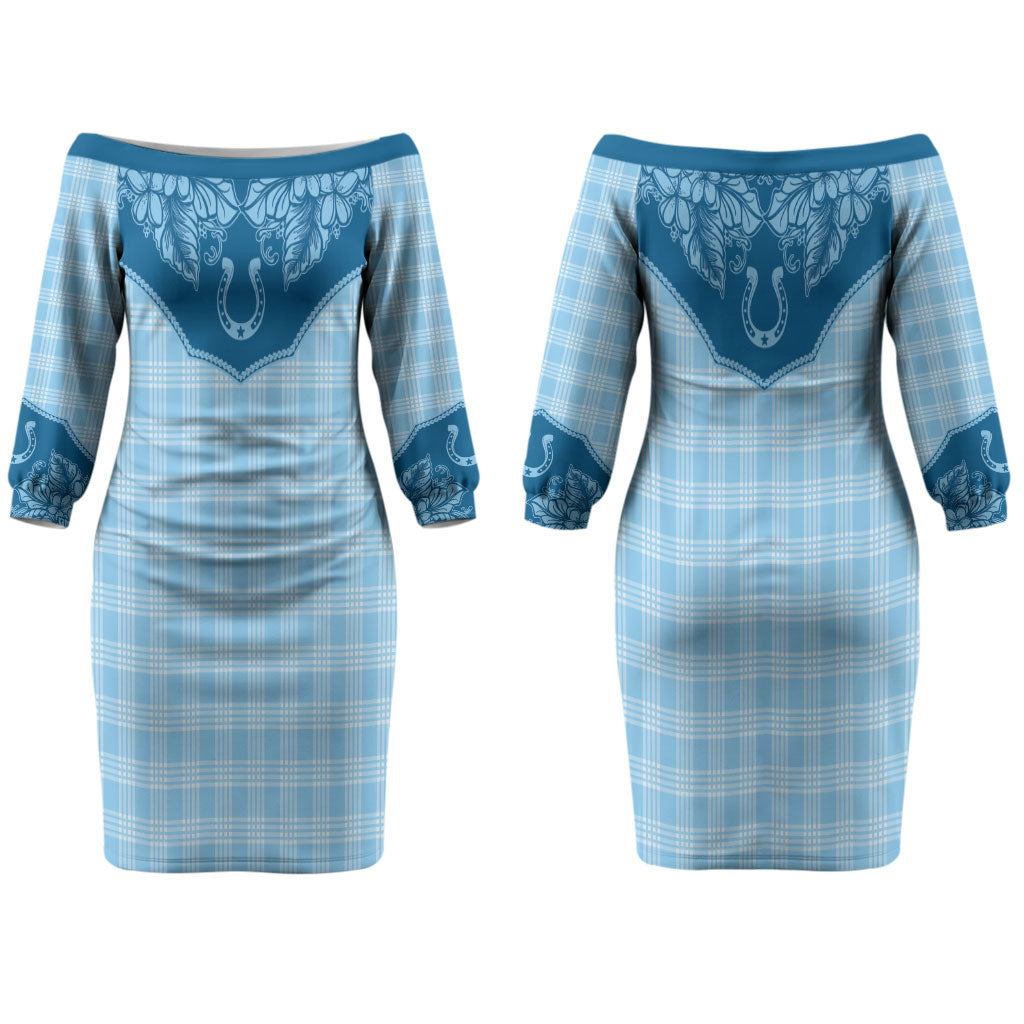 Hawai'i Paniolo Motif Deep Blue Couples Matching Off The Shoulder Long Sleeve Dress and Long Sleeve Button Shirt Floral Palaka Print LT7 - Polynesian Pride