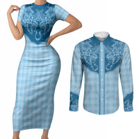 Hawai'i Paniolo Motif Deep Blue Couples Matching Short Sleeve Bodycon Dress and Long Sleeve Button Shirt Floral Palaka Print LT7 Navy Blue - Polynesian Pride
