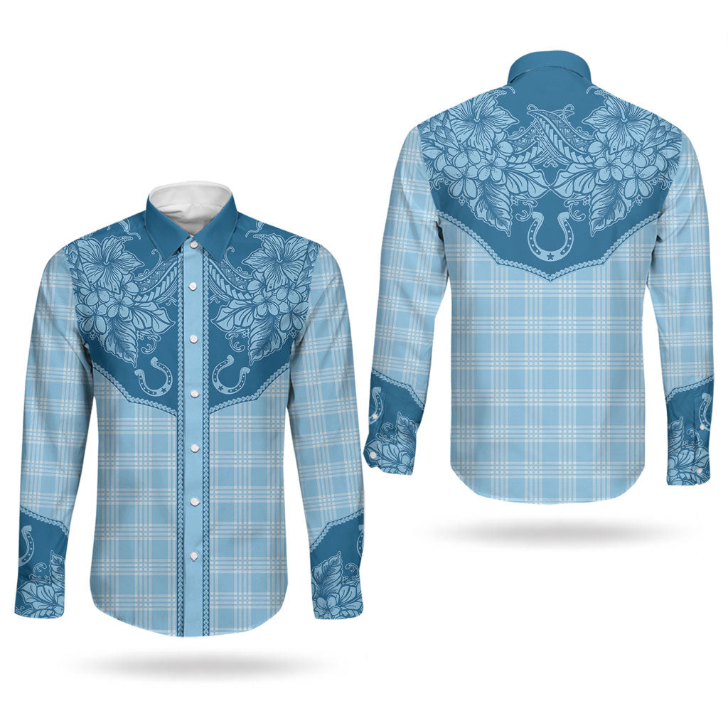 Hawai'i Paniolo Motif Deep Blue Couples Matching Short Sleeve Bodycon Dress and Long Sleeve Button Shirt Floral Palaka Print LT7 - Polynesian Pride