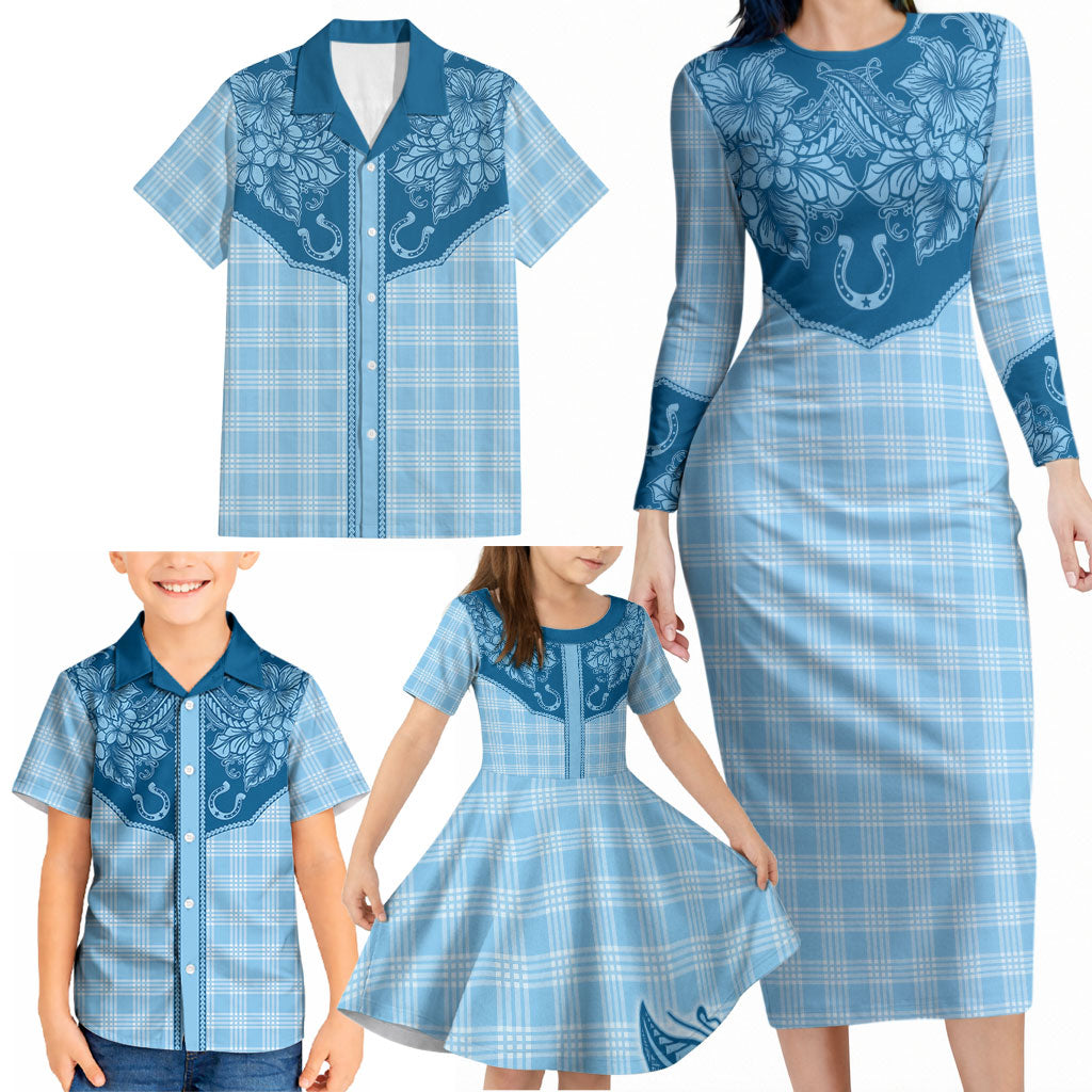 Hawai'i Paniolo Motif Deep Blue Family Matching Long Sleeve Bodycon Dress and Hawaiian Shirt Floral Palaka Print LT7 - Polynesian Pride