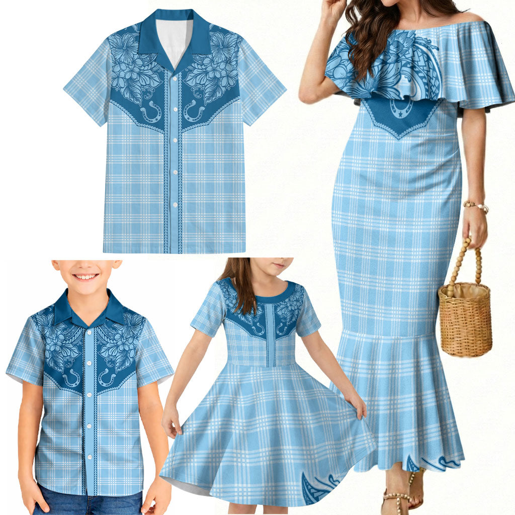 Hawai'i Paniolo Motif Deep Blue Family Matching Mermaid Dress and Hawaiian Shirt Floral Palaka Print LT7 - Polynesian Pride