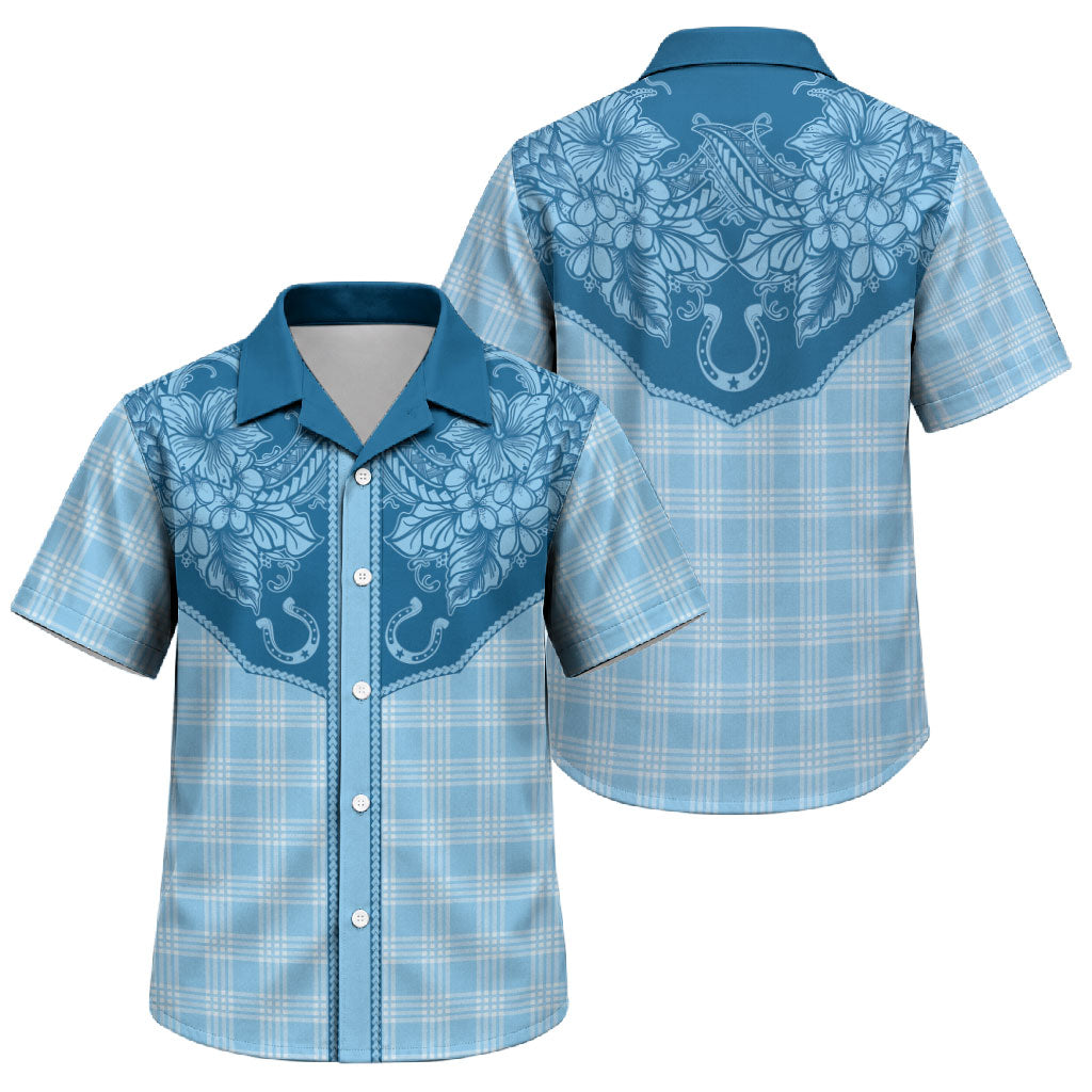 Hawai'i Paniolo Motif Deep Blue Family Matching Puletasi and Hawaiian Shirt Floral Palaka Print LT7 Son's Shirt Navy Blue - Polynesian Pride