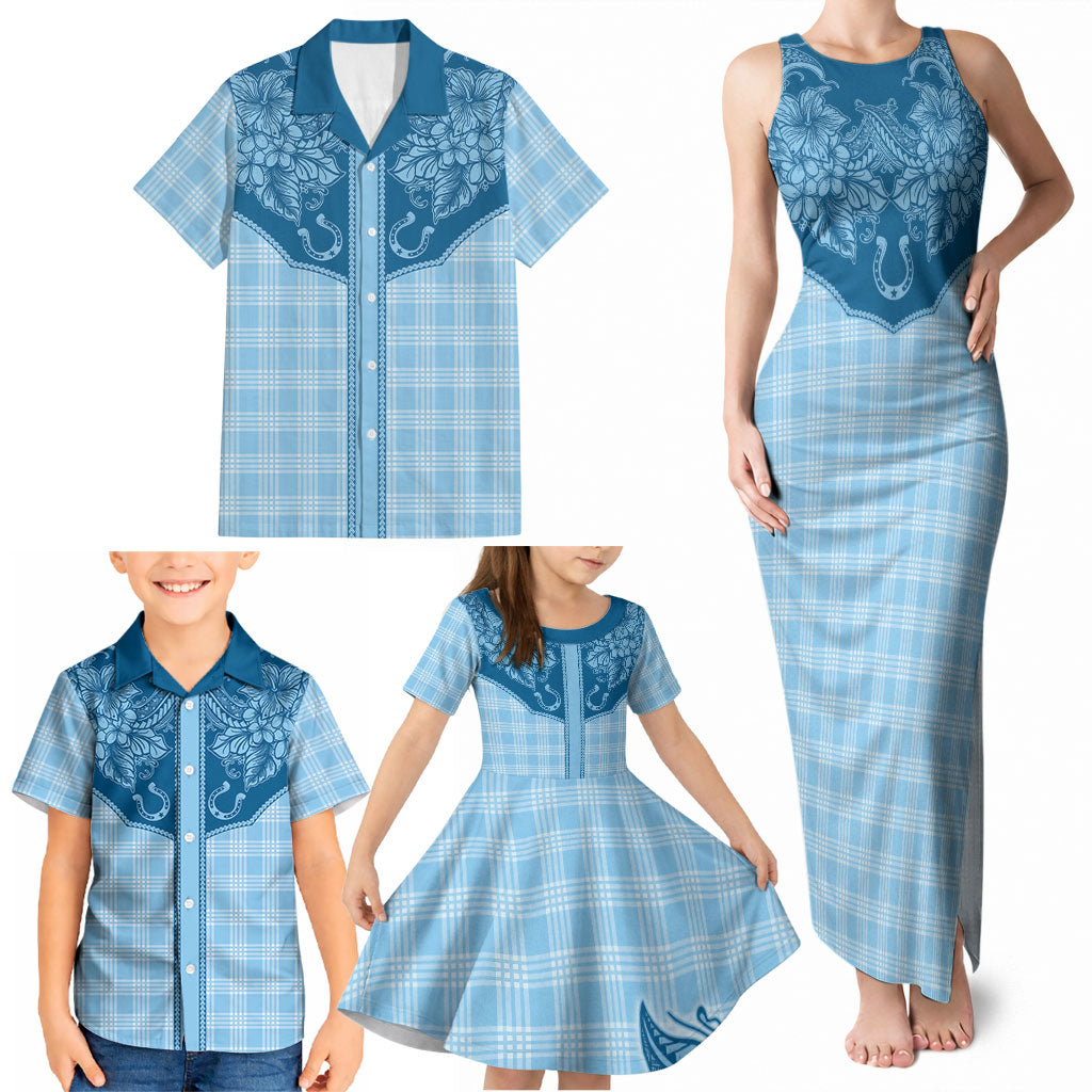Hawai'i Paniolo Motif Deep Blue Family Matching Tank Maxi Dress and Hawaiian Shirt Floral Palaka Print LT7 - Polynesian Pride