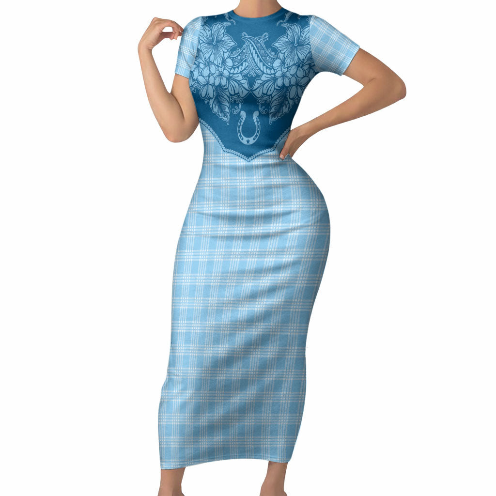 Hawai'i Paniolo Motif Deep Blue Short Sleeve Bodycon Dress Floral Palaka Print LT7 Long Dress Navy Blue - Polynesian Pride
