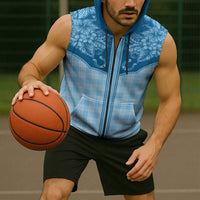 Hawai'i Paniolo Motif Deep Blue Sleeveless Zip Hoodie Floral Palaka Print LT7 - Polynesian Pride