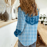 Hawai'i Paniolo Motif Deep Blue Women Casual Shirt Floral Palaka Print LT7 - Polynesian Pride