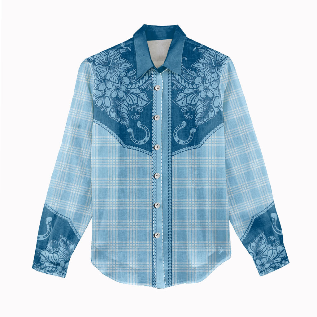 Hawai'i Paniolo Motif Deep Blue Women Casual Shirt Floral Palaka Print LT7 - Polynesian Pride