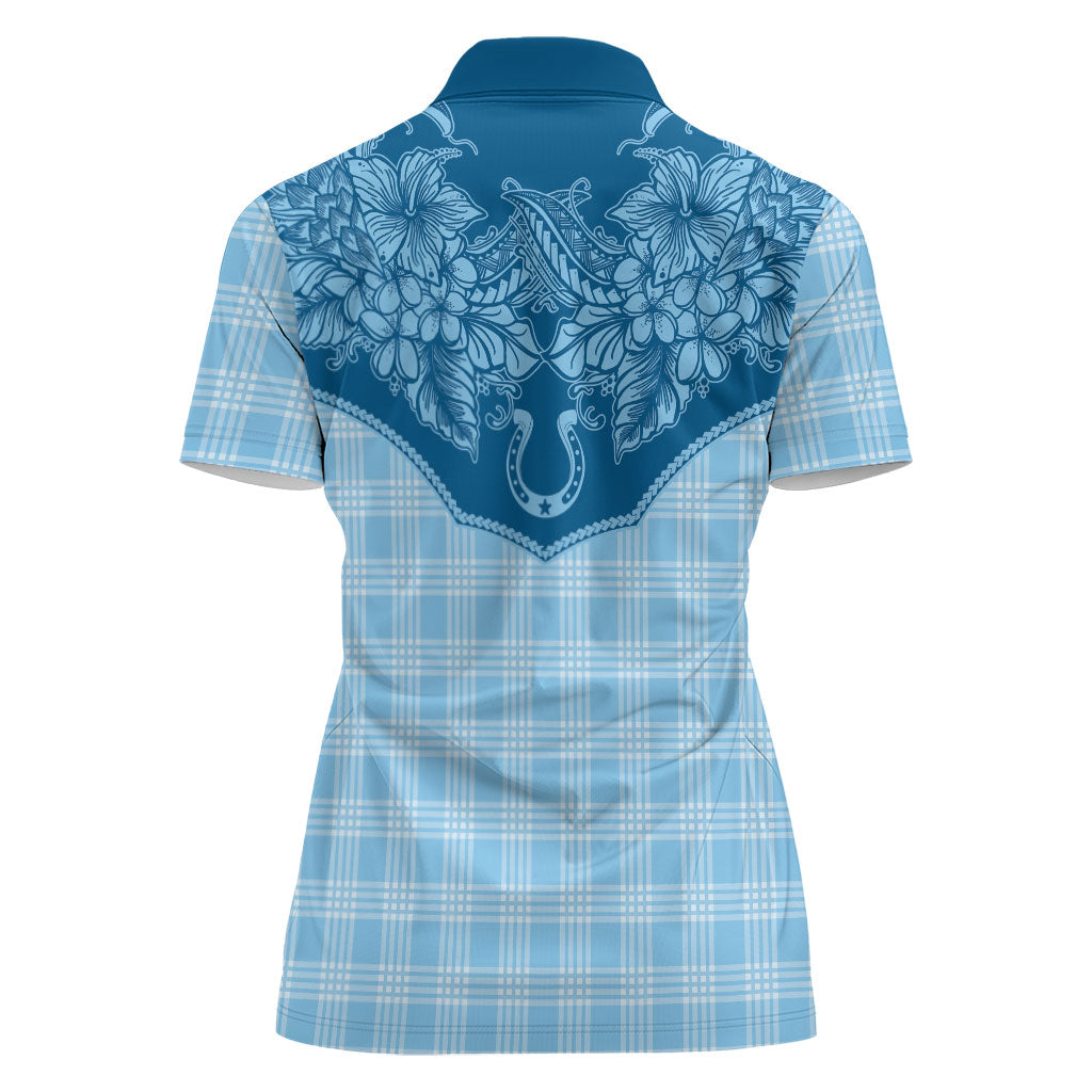 Hawai'i Paniolo Motif Deep Blue Women Polo Shirt Floral Palaka Print LT7 - Polynesian Pride