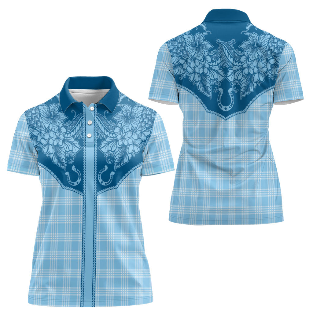 Hawai'i Paniolo Motif Deep Blue Women Polo Shirt Floral Palaka Print LT7 - Polynesian Pride