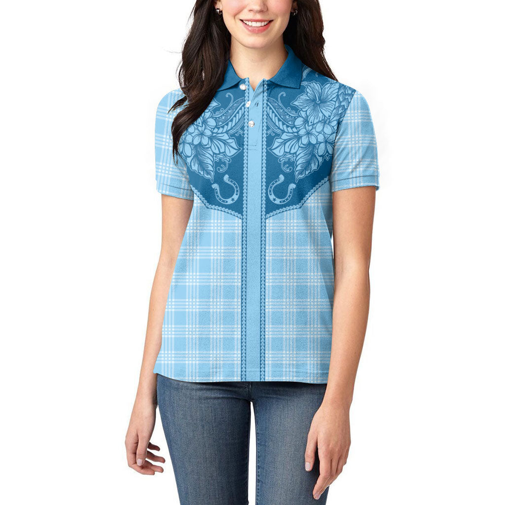 Hawai'i Paniolo Motif Deep Blue Women Polo Shirt Floral Palaka Print LT7 - Polynesian Pride