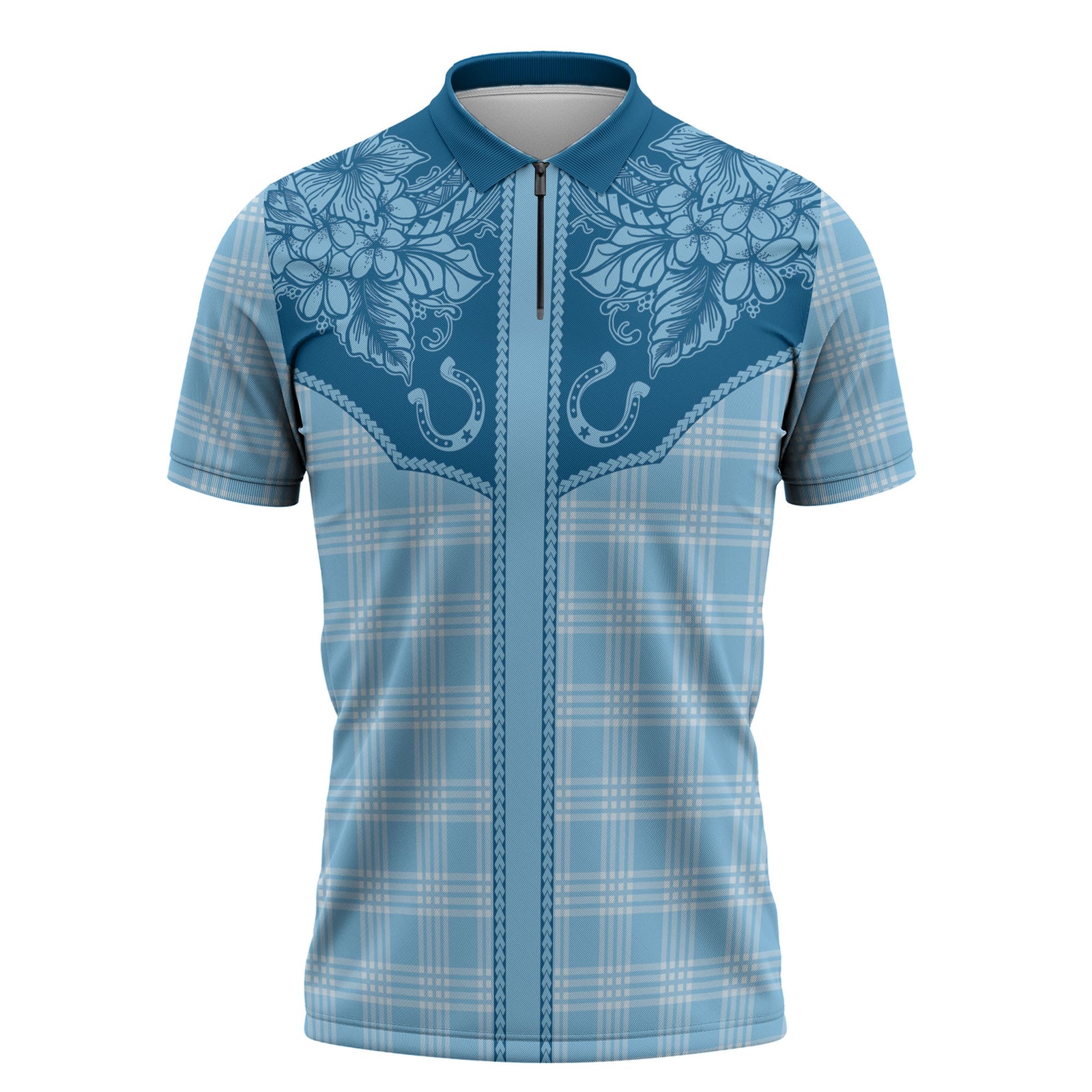 Hawai'i Paniolo Motif Deep Blue Zipper Polo Shirt Floral Palaka Print
