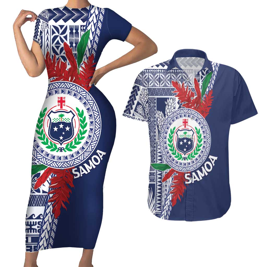 Samoa Rugby Personalized Couples Matching Short Sleeve Bodycon Dress and Hawaiian Shirt Toa Samoa Myriad Siapo