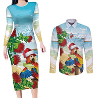 Have A Very Beach Christmas Couples Matching Long Sleeve Bodycon Dress and Long Sleeve Button Shirt Parrot By Lehua Flower LT7 Art - Polynesian Pride