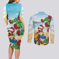 Have A Very Beach Christmas Couples Matching Long Sleeve Bodycon Dress and Long Sleeve Button Shirt Parrot By Lehua Flower LT7 - Polynesian Pride