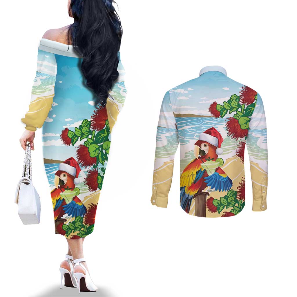 Have A Very Beach Christmas Couples Matching Off The Shoulder Long Sleeve Dress and Long Sleeve Button Shirt Parrot By Lehua Flower LT7 - Polynesian Pride