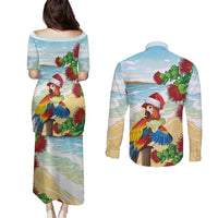 Have A Very Beach Christmas Couples Matching Puletasi and Long Sleeve Button Shirt Parrot By Lehua Flower - Polynesian Pride