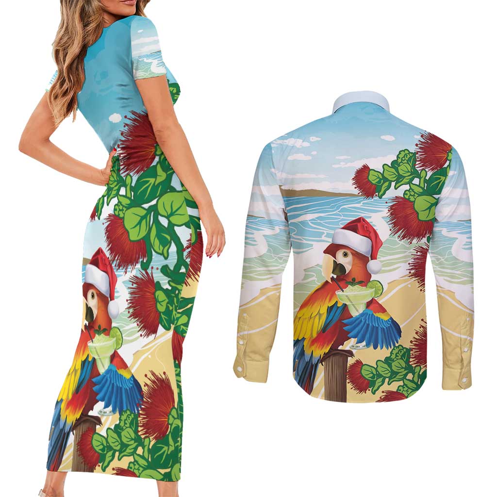 Have A Very Beach Christmas Couples Matching Short Sleeve Bodycon Dress and Long Sleeve Button Shirt Parrot By Lehua Flower LT7 - Polynesian Pride