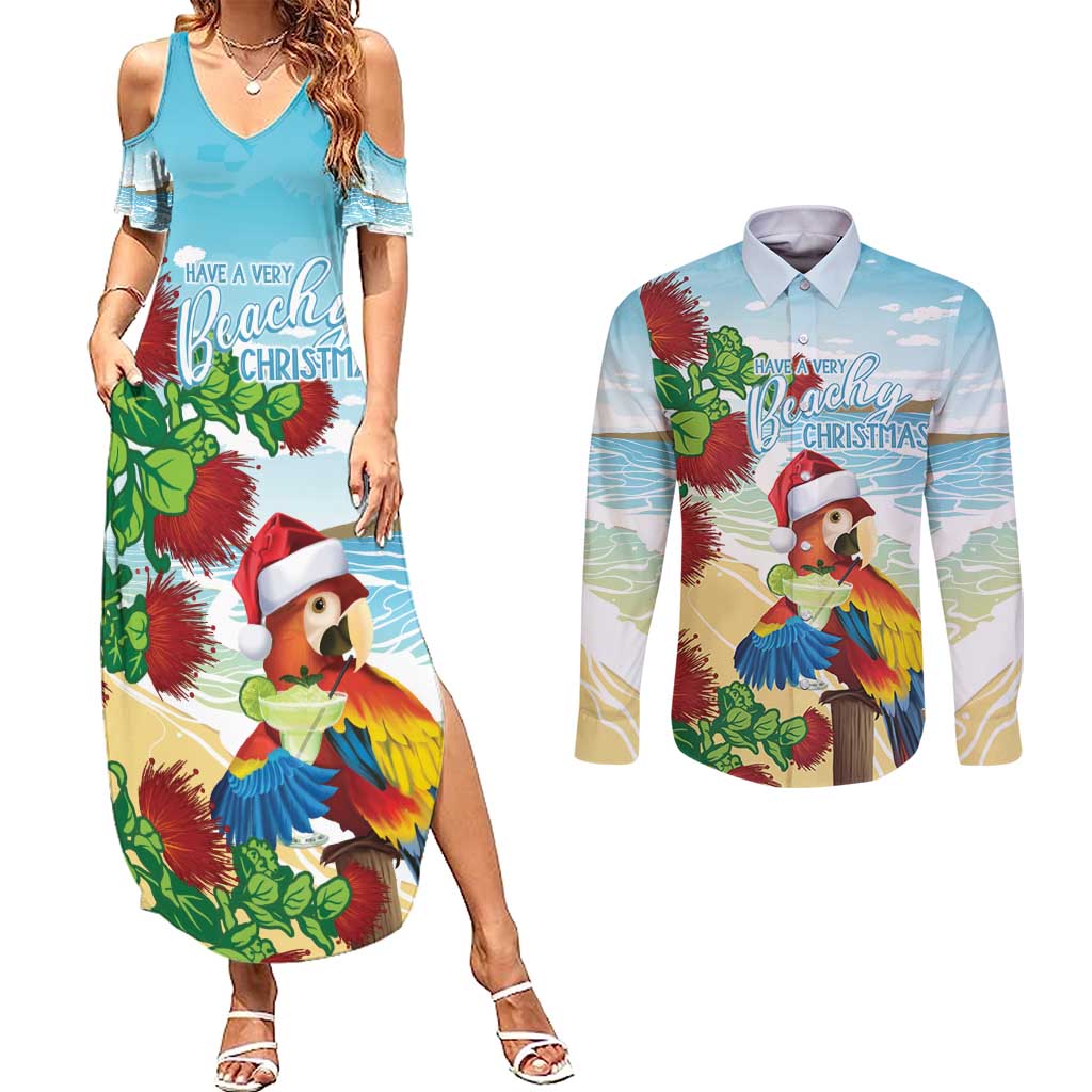 Have A Very Beach Christmas Couples Matching Summer Maxi Dress and Long Sleeve Button Shirt Parrot By Lehua Flower - Polynesian Pride