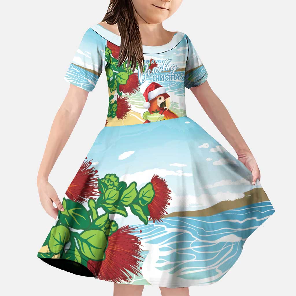 Have A Very Beach Christmas Family Matching Short Sleeve Bodycon Dress and Hawaiian Shirt Parrot By Lehua Flower LT7 Daughter's Dress Art - Polynesian Pride