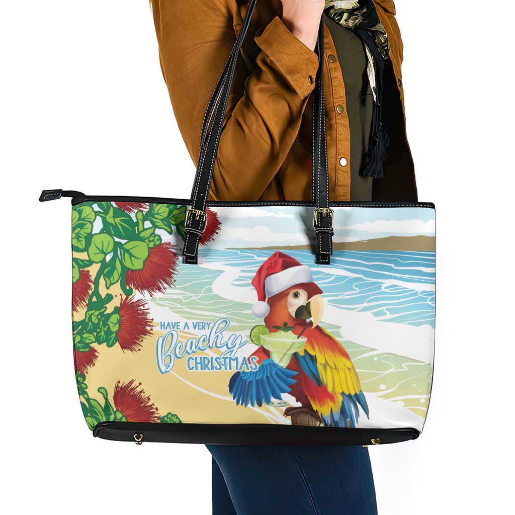 Have A Very Beach Christmas Leather Tote Bag Parrot By Lehua Flower LT7 - Polynesian Pride