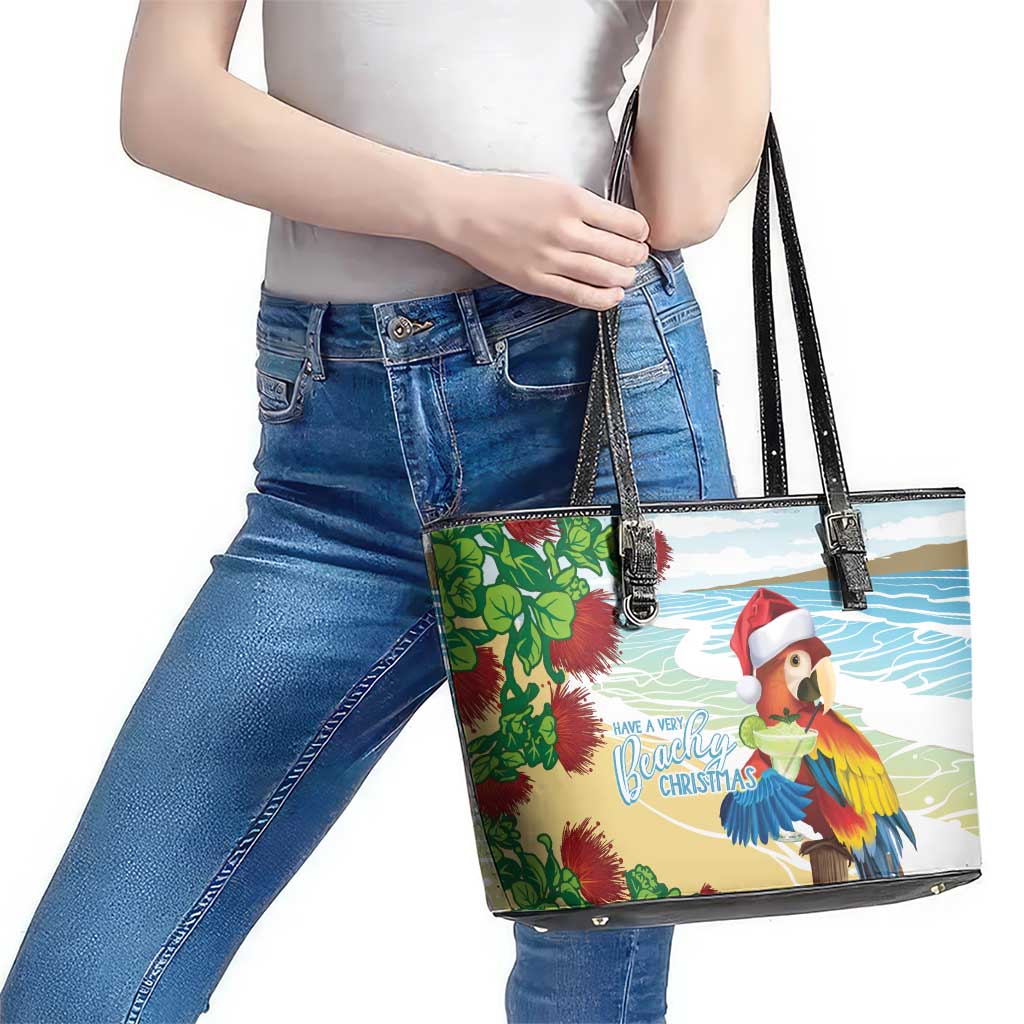 Have A Very Beach Christmas Leather Tote Bag Parrot By Lehua Flower LT7 - Polynesian Pride