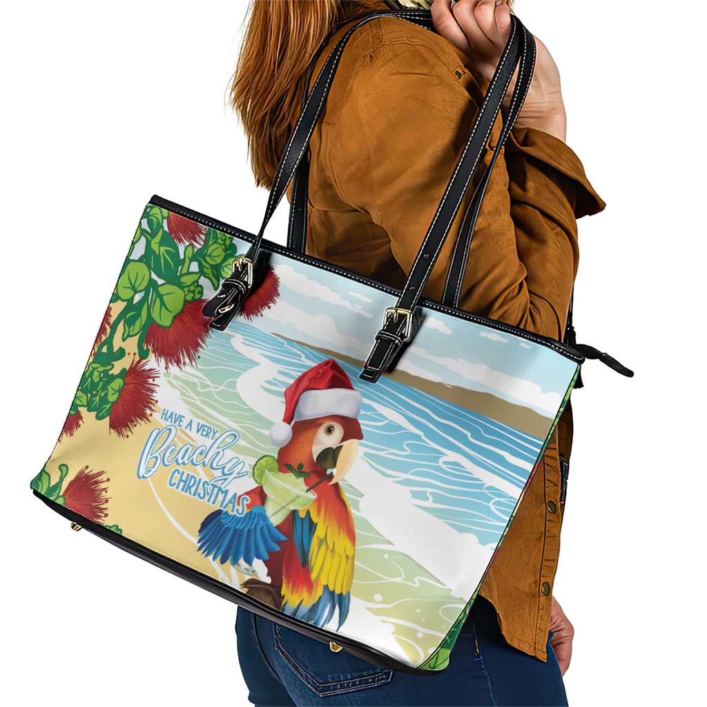 Have A Very Beach Christmas Leather Tote Bag Parrot By Lehua Flower LT7 - Polynesian Pride