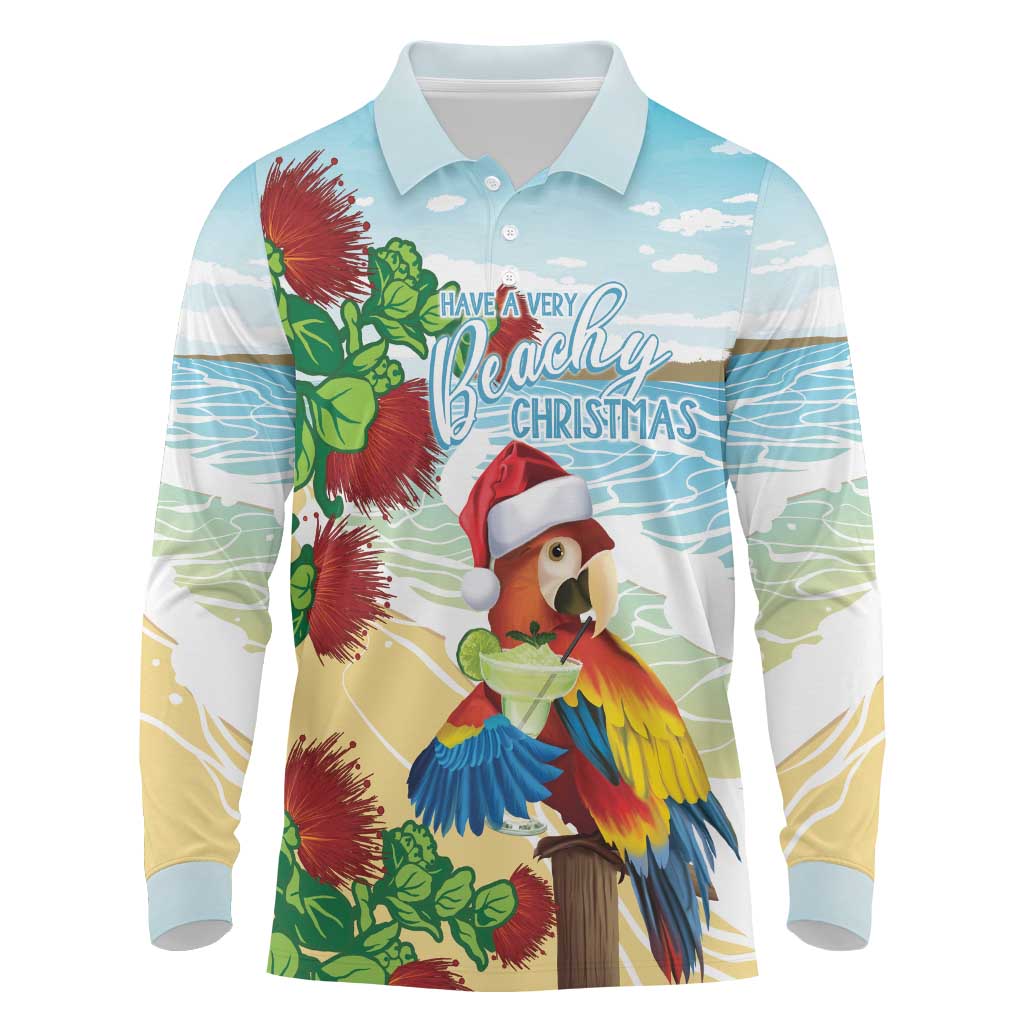 Have A Very Beach Christmas Long Sleeve Polo Shirt Parrot By Lehua Flower - Polynesian Pride