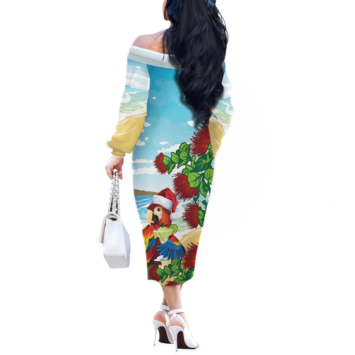 Have A Very Beach Christmas Off The Shoulder Long Sleeve Dress Parrot By Lehua Flower - Polynesian Pride