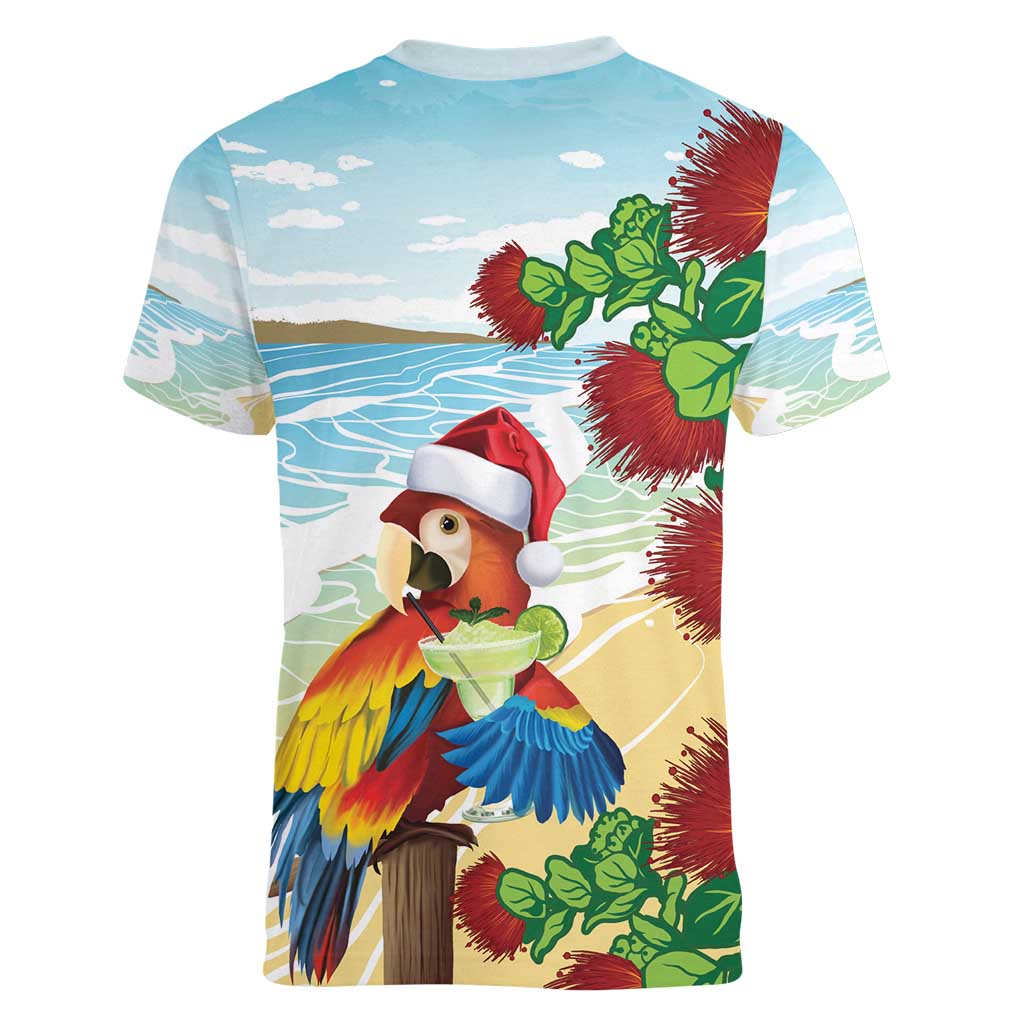 Have A Very Beach Christmas Women V-Neck T-Shirt Parrot By Lehua Flower - Polynesian Pride