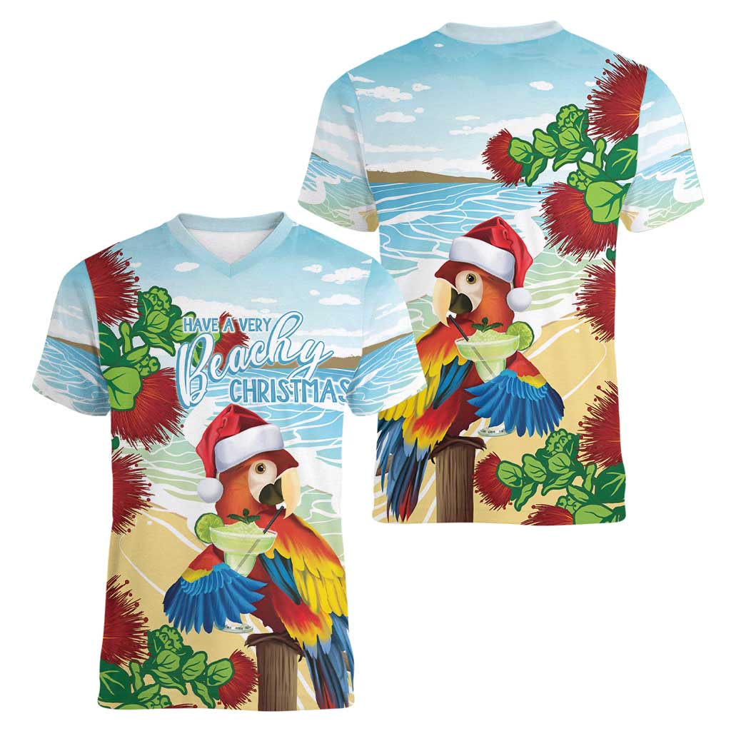 Have A Very Beach Christmas Women V-Neck T-Shirt Parrot By Lehua Flower - Polynesian Pride