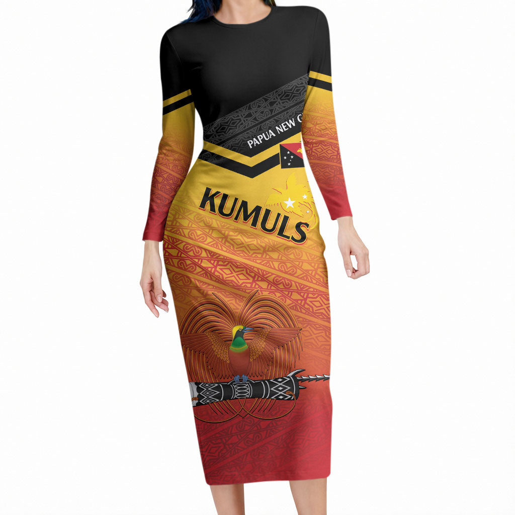 Papua New Guinea Custom Rugby The Kumuls Long Sleeve Bodycon Dress Motuan Inspired Pattern LT7 Long Dress Multicolor - Polynesian Pride