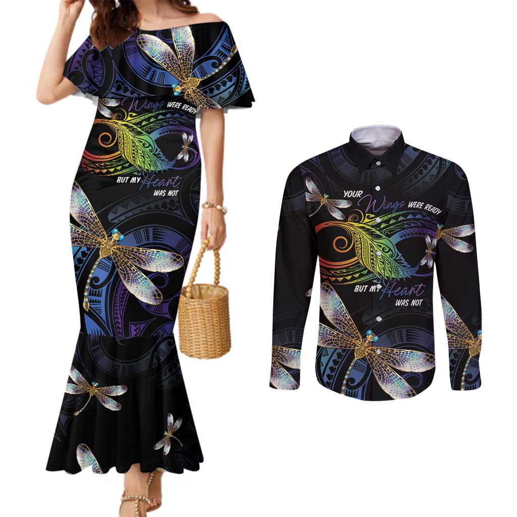 Personalised Polynesian Memorial Couples Matching Mermaid Dress and Long Sleeve Button Shirt Your Wings Were Ready But My Heart Was Not LT7 Black - Polynesian Pride