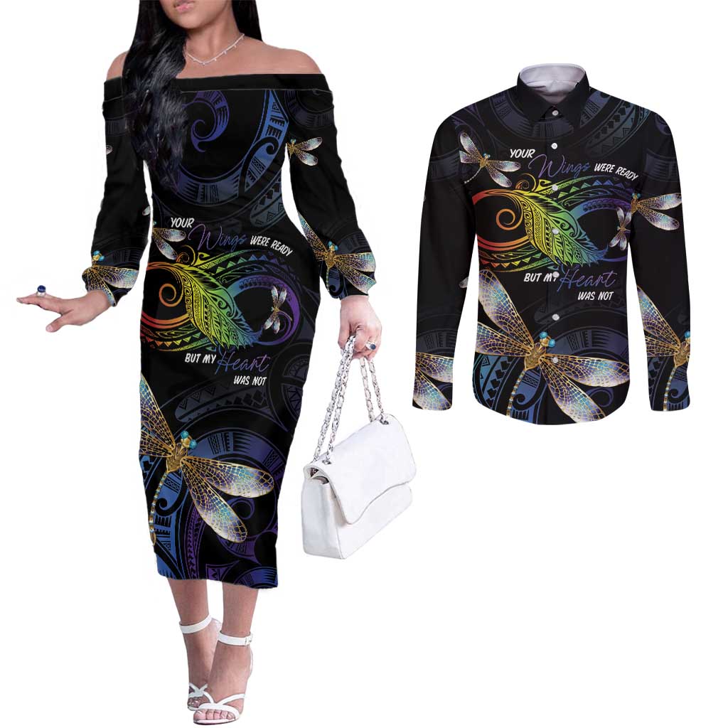 Personalised Polynesian Memorial Couples Matching Off The Shoulder Long Sleeve Dress and Long Sleeve Button Shirt Your Wings Were Ready But My Heart Was Not LT7 Black - Polynesian Pride