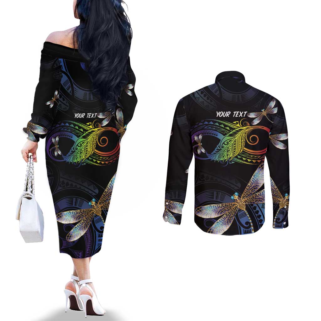 Personalised Polynesian Memorial Couples Matching Off The Shoulder Long Sleeve Dress and Long Sleeve Button Shirt Your Wings Were Ready But My Heart Was Not LT7 - Polynesian Pride