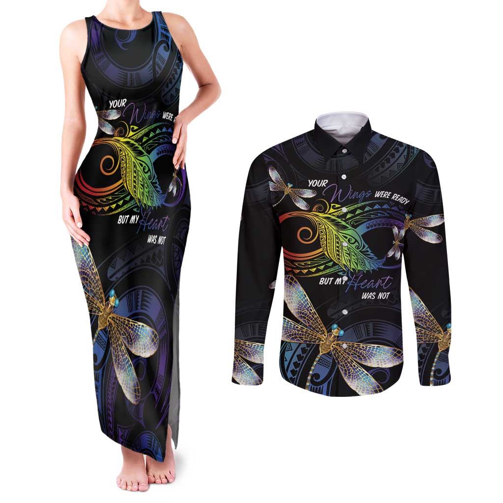 Personalised Polynesian Memorial Couples Matching Tank Maxi Dress and Long Sleeve Button Shirt Your Wings Were Ready But My Heart Was Not LT7 Black - Polynesian Pride