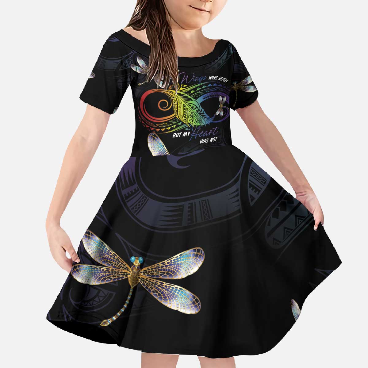 Personalised Polynesian Memorial Family Matching Off The Shoulder Long Sleeve Dress and Hawaiian Shirt Your Wings Were Ready But My Heart Was Not LT7 Daughter's Dress Black - Polynesian Pride