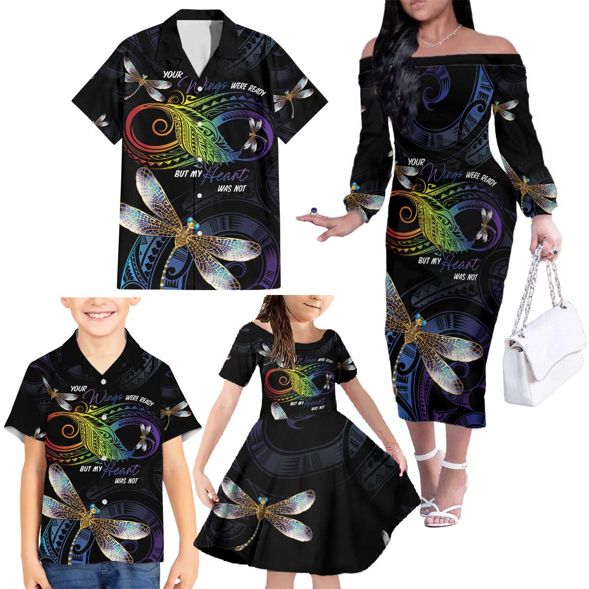 Personalised Polynesian Memorial Family Matching Off The Shoulder Long Sleeve Dress and Hawaiian Shirt Your Wings Were Ready But My Heart Was Not LT7 - Polynesian Pride