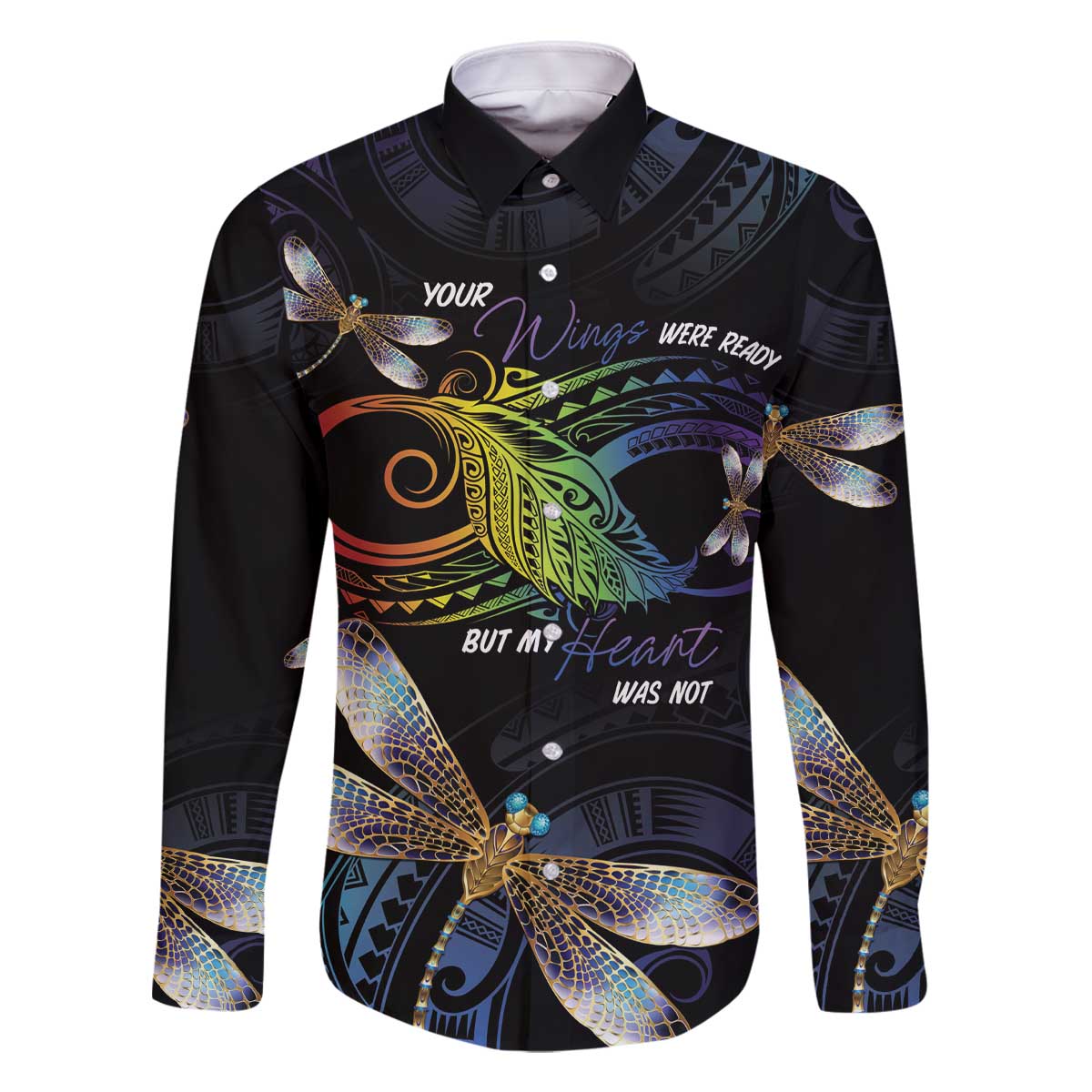 Personalised Polynesian Memorial Family Matching Off The Shoulder Long Sleeve Dress and Hawaiian Shirt Your Wings Were Ready But My Heart Was Not LT7 Dad's Shirt - Long Sleeve Black - Polynesian Pride