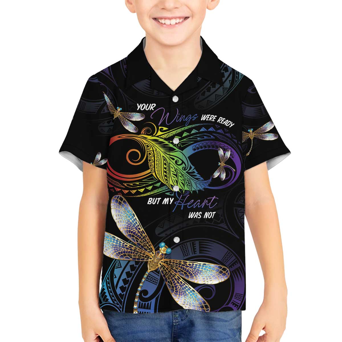 Personalised Polynesian Memorial Family Matching Off The Shoulder Long Sleeve Dress and Hawaiian Shirt Your Wings Were Ready But My Heart Was Not LT7 Son's Shirt Black - Polynesian Pride