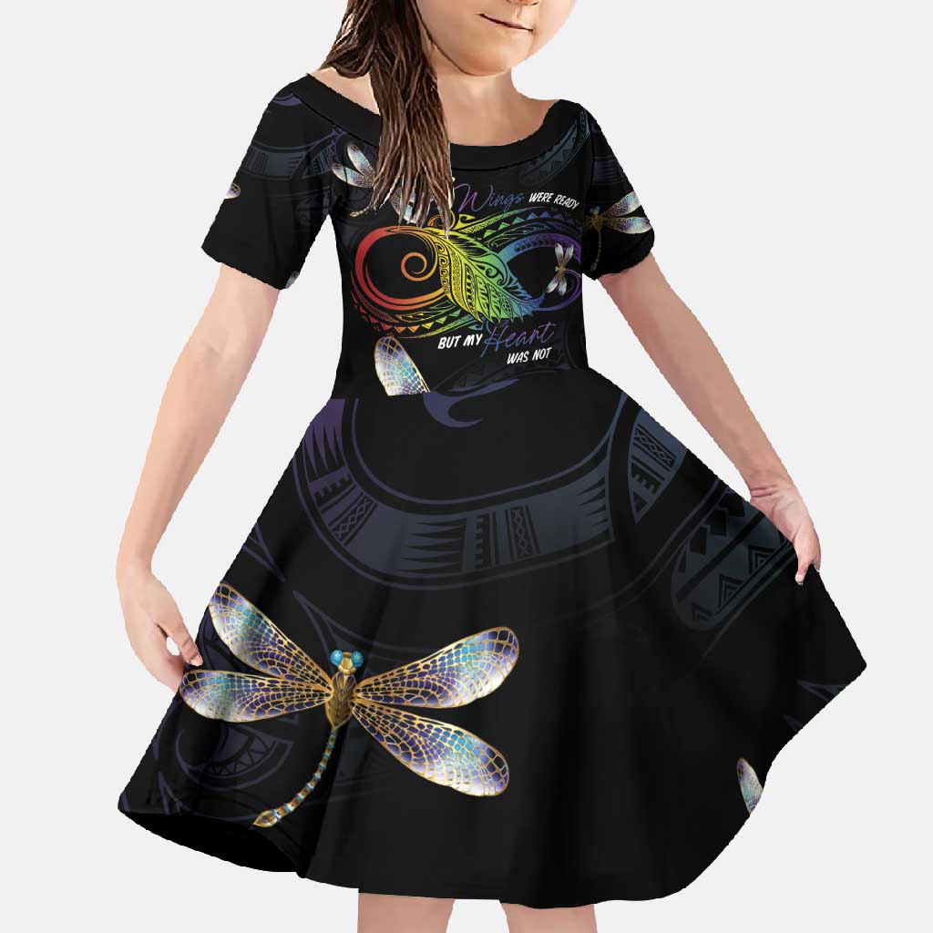 Personalised Polynesian Memorial Family Matching Short Sleeve Bodycon Dress and Hawaiian Shirt Your Wings Were Ready But My Heart Was Not LT7 Daughter's Dress Black - Polynesian Pride